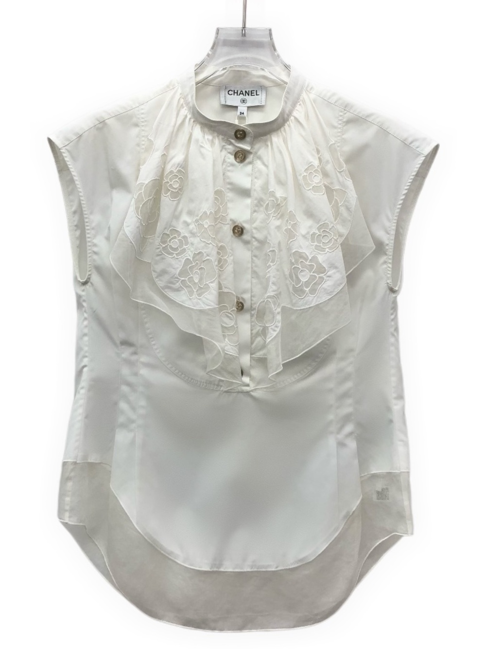 Chanel White Camellia Lace-Embroidered Single-Button Sleeveless Blouse